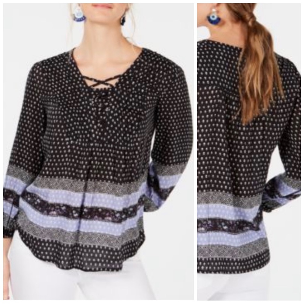 Style & Co Black & Purple Printed LaceUp V-Neck Peasant Top Size Large